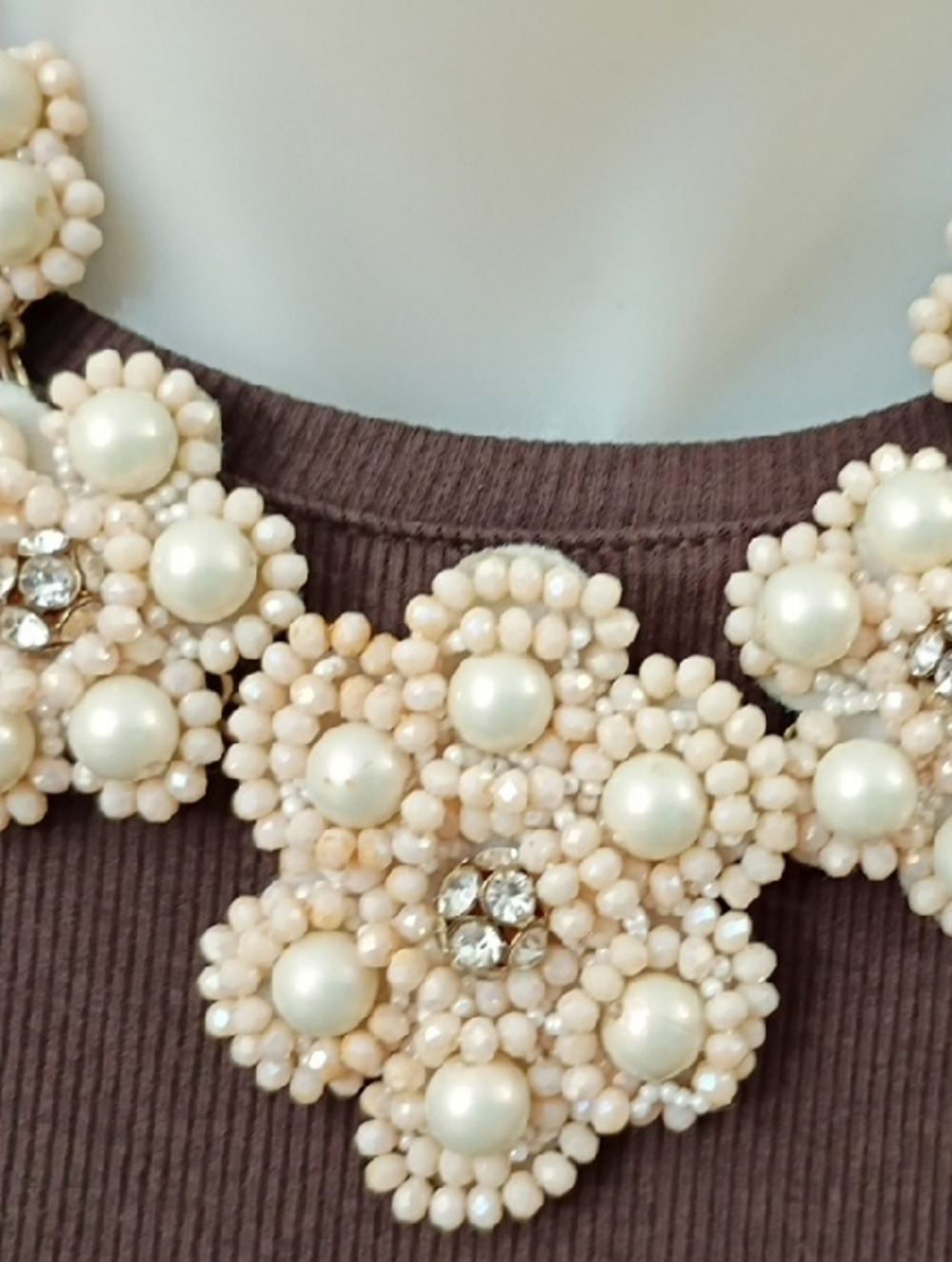 Pearl Cluster Floral Statement Necklace - Cream...CC 90s